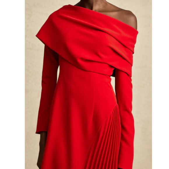 Miss Rosier Valentine Red Pleated Plus Size Long Sleeve Maxi Dress with Slit - Picture 3 of 7